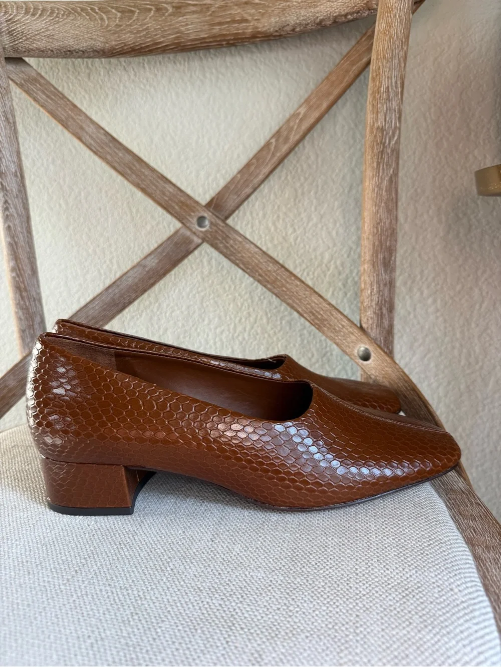 Reformation Inez Square-Toe Pumps cognac snake